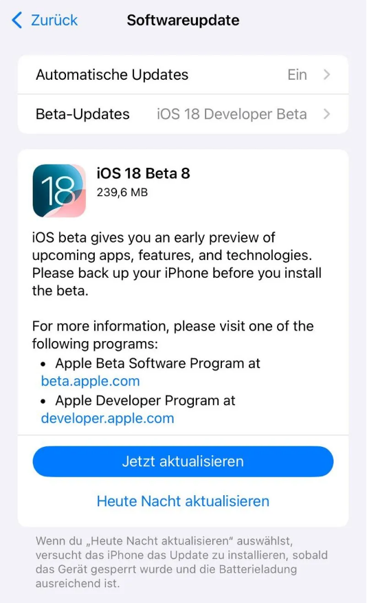 长清苹果手机维修分享苹果 iOS / iPadOS 18 开发者预览版 Beta 8 发布 